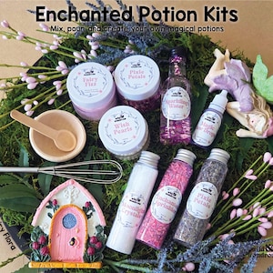May include: Enchanted Potion Kits set featuring jars labeled Fairy Fizz, Pixie Petals, Wish Pearls, Sparkling Water, Magic Dew Drops, Moonlight Crystals, Enchanted Sprinkles, and Pixie Petals. Includes a wooden bowl, whisk, and a small fairy house.