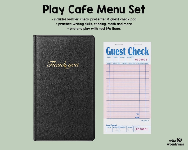 K&ouml;nnte beinhalten: Ein schwarzer Leder-Scheckhalter mit goldfarbenem Schriftzug "Thank you" und ein G&auml;stequittungsblock. Der G&auml;stequittungsblock hat ein blaues und rosa Rasterdesign mit den Worten "Guest Check" oben.