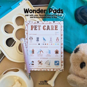 May include: A pet care activity set with a notepad, pen, and toy accessories. The notepad features a pet care chart with spaces for pet names, colors, and grooming details. The set includes a toy stethoscope, a plush animal, and a bone-shaped toy.