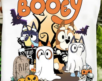 Bluey Halloween SVG PNG Bundle, Booey Bluey Ghost Sublimationsdesign, Bluey Heeler Halloween DTF, gruselige Familie Schnittdateien, kommerzielle Nutzung