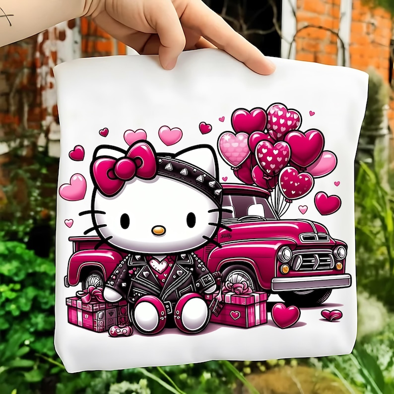 Puede incluir: Bolso tote blanco con un dise&ntilde;o de dibujos animados de Hello Kitty. Hello Kitty lleva una chaqueta de cuero negra y un lazo rosa. Tambi&eacute;n aparecen una camioneta rosa, globos con forma de coraz&oacute;n y cajas de regalo. El dise&ntilde;o utiliza rosa y negro.