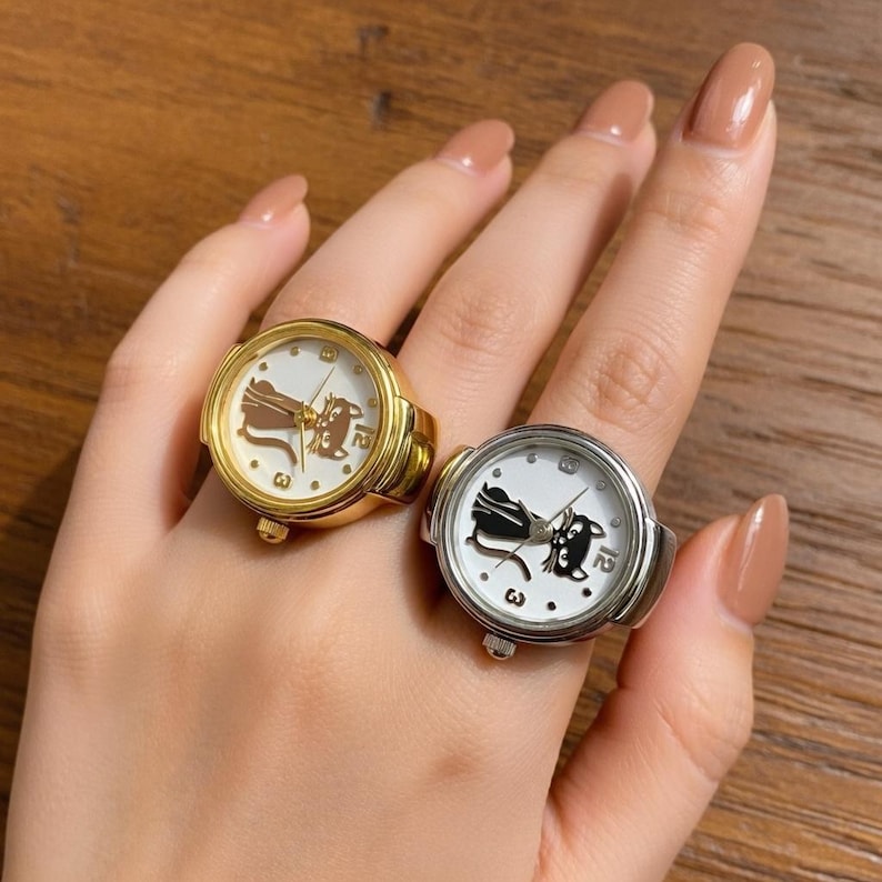 unique ring watch with circular dial closeup
trendy kitten finger watch for women fashion