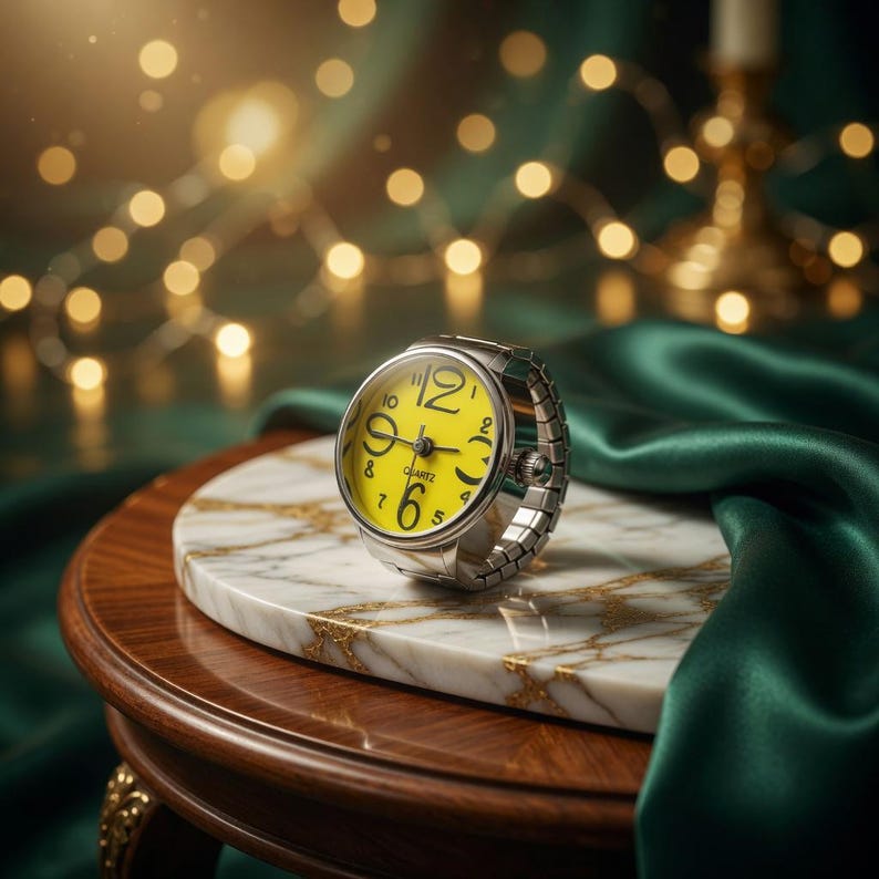 May include: A silver quartz ring watch with a yellow face displaying the numbers 12, 2, 6, 7, 8, 9, 10, and 11. The watch is on a marble and wood table with a green satin cloth in the background. The watch is a unique accessory.