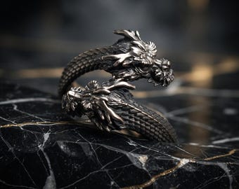 Dragon Ring Adjustable Punk Gothic Jewelry, Double Head Dragon Ring Unisex, Hip Hop Rock Statement Ring, Vintage Fantasy Ring Gift
