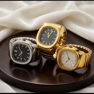 May include: Three ring watches with square faces are displayed. One is silver with a black face, and two are gold, one with a black face and the other with a white face. The watches have a classic design.