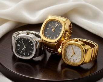 Square Ring Watch Vintage Style, Quartz Finger Watch Adjustable, Minimalist Statement Ring Watch for Women Men, Unique Jewelry Gift