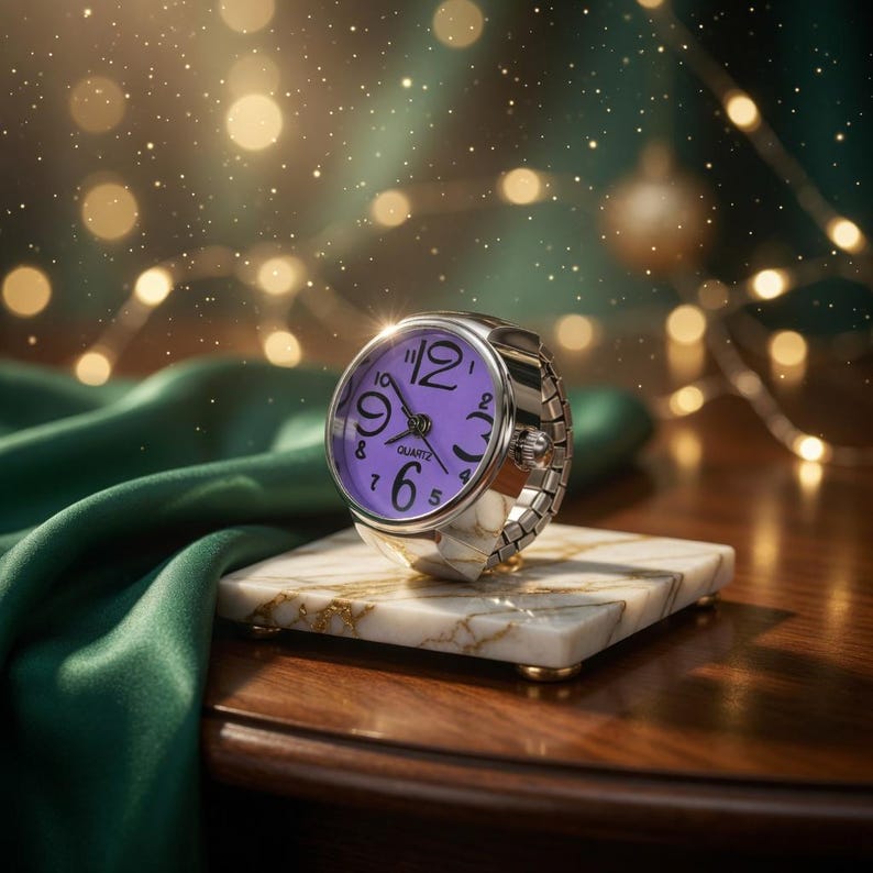 May include: A silver-toned ring watch with a purple face displaying the time. The watch is set on a marble square with gold accents. The background features a green satin cloth and soft, out-of-focus lights.