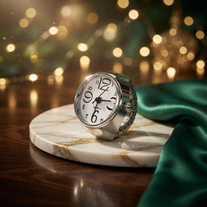 May include: A silver quartz ring watch with a white face and black numerals sits on a marble surface. The watch has a round face with black hands and a silver band. The background features a green satin cloth and bokeh lights.