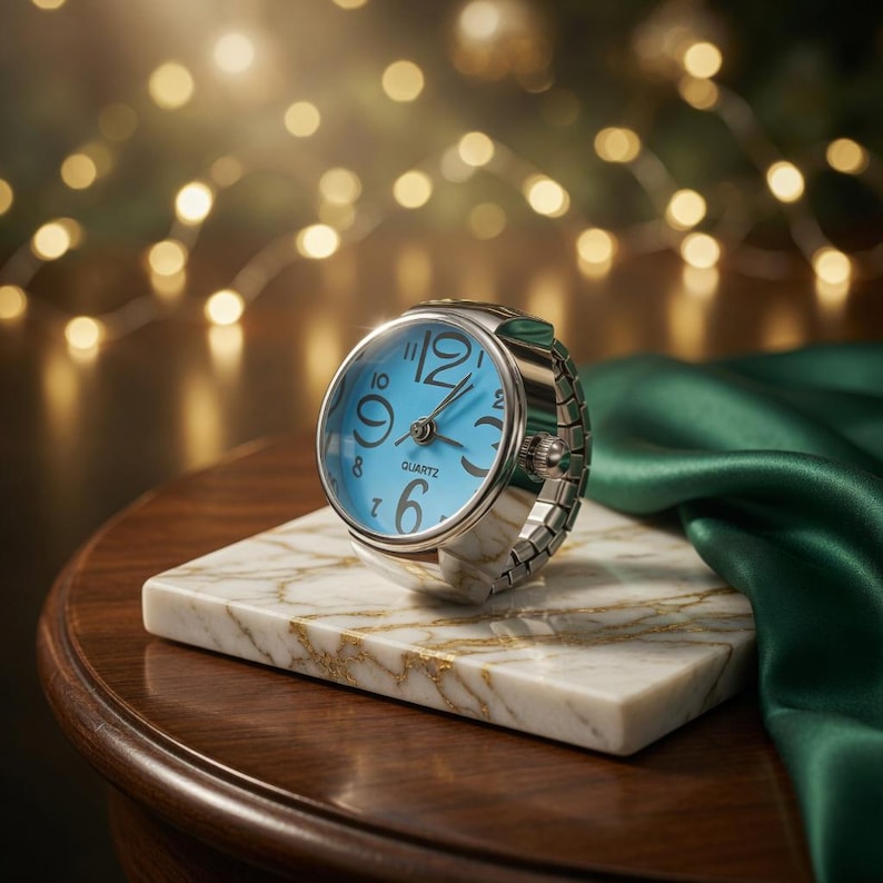 May include: A silver-toned ring watch with a light blue face and black numerals sits on a white marble block with gold veining. The watch has a quartz movement. The background features a blurred string of lights and a green satin fabric.