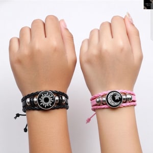 Sun and Moon Couple Bracelets, Braided Leather, Matching Lover Jewelry Christmas Gift