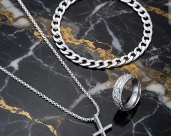 Men's Stainless Steel Cross Jewelry Set | Necklace, Bracelet & Ring