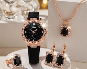 Rhinestone Watch Bracelet Set | Green Leather Strap, Elegant Jewelry