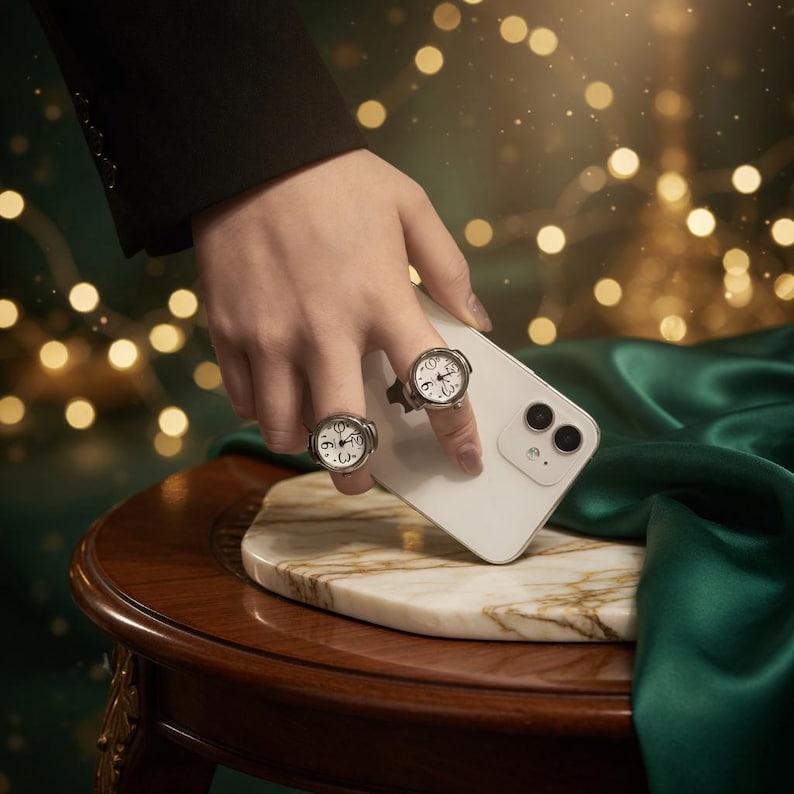 May include: Two silver-toned rings with watch faces are displayed. The rings are worn on fingers, with a white smartphone in the background. The watch faces have black numbers and hands. The background includes a wooden table and green fabric.