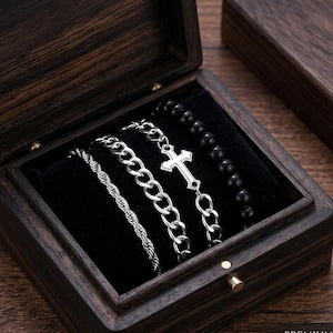 4Pcs Cross Bracelet Set Stainless Steel, Punk Hip Hop Chain Bracelets Unisex, Layered Stackable Bracelets Gift for Men Women