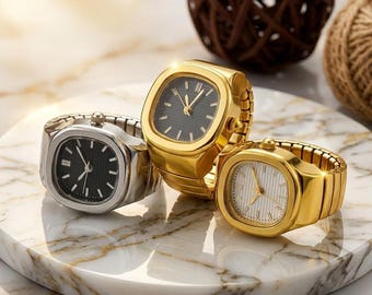 Square Ring Watch Vintage Style, Quartz Finger Watch Adjustable, Minimalist Statement Ring Watch for Women Men, Unique Jewelry Gift
