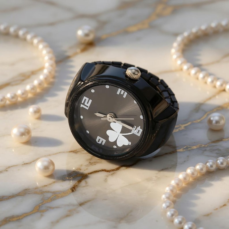 trendy jewelry ring watch retro aesthetic
cute ring watch gift for her him
colorful quartz watch ring stylish design
modern clover ring watch fashion accessory
fun colorful finger watch jewelry closeup