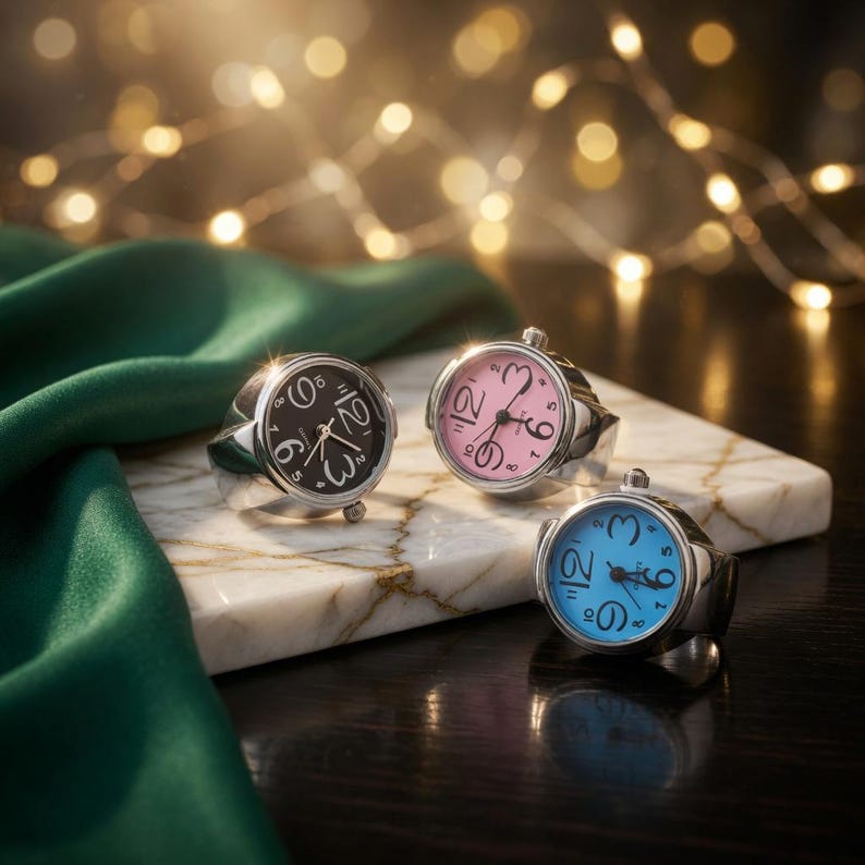 May include: Three silver-toned watch rings with black, pink, and blue watch faces. The rings are displayed on a marble surface with a green cloth and a string of lights in the background. Each ring has a different colored watch face.