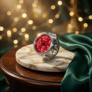 May include: A silver-toned ring watch with a red face and white numerals sits on a marble and gold-veined surface. The watch face displays the numbers 12, 6, 9, and 3. The background includes a dark green satin fabric and blurred golden lights.