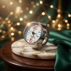 May include: A silver-toned ring watch with a white face and colorful numerals. The numbers are in red, green, blue, and black. The watch is on a marble-patterned surface, with a dark wooden base and a green satin fabric in the background.