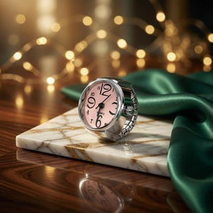 May include: A silver ring watch with a pink face and black numerals. The watch is set on a white marble square with gold veining. The background includes a dark wooden surface, green fabric, and blurred golden lights.