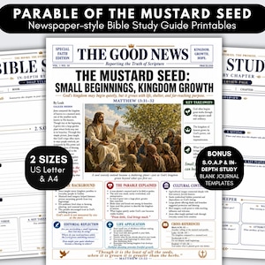 Puede incluir: Un conjunto de guías de estudio bíblico imprimibles tituladas Parable of the Mustard Seed, con un diseño de periódico con el titular The Good News, una ilustración central de un maestro con un grupo y secciones para notas, puntos clave y reflexión.