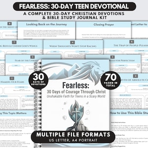 May include: A spiral-bound 30-day Christian devotional and Bible study journal kit titled Fearless: 30 Days of Courage Through Christ. The kit includes 70 pages in total, featuring light blue and white layouts with headers like Naming Our Fears.