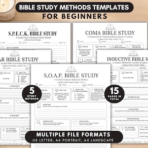Puede incluir: Una colección de cinco plantillas de métodos de estudio bíblico en blanco y negro para principiantes, incluyendo S.P.E.C.K., COMA, HEAR, Inductive y S.O.A.P. Los documentos presentan secciones estructuradas para la reflexión, diario y oración.