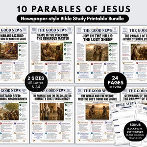 Paquete imprimible de estudio bíblico sobre las parábolas de Jesús, guía de estudio cristiana devota con estilo de periódico, kit de estudio bíblico con páginas SOAP.