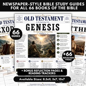 Puede incluir: Guías de estudio bíblico estilo periódico para los 66 libros de la Biblia. La imagen muestra guías para Éxodo, Génesis y Mateo. Incluye páginas de reflexión y seguimiento de lectura. Disponible en tamaños de 21,6x28cm, 12,7x17,8cm y 25,4x17,8cm.