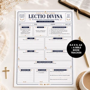 May include: A white paper sheet titled Lectio Divina with dark blue and gold text. It features sections for date, book, chapter, and five steps of prayerful reading, plus memory verse and reflection questions. Text includes 8.5 x 11, A4 + A Bible Book Tracker.