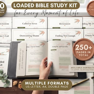 May include: A loaded Bible study kit featuring 100 scripture maps and 250 pages in total. The kit includes various printable sheets with floral accents and text such as Perfectionism, Called to Serve, Retirement, and Finding My Purpose.