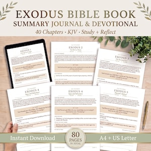May include: A digital Exodus Bible book summary journal and devotional featuring 40 chapters, KJV text, study prompts, and reflection sections. The pages include chapter summaries, key verses, main messages, and reflection areas in a clean layout.