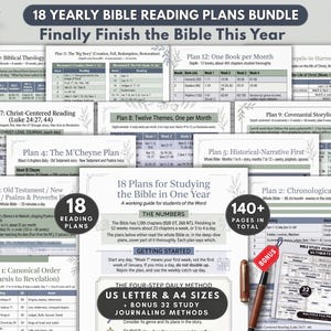 May include: A bundle of 18 yearly Bible reading plans featuring printed schedules, tables, and study guides. The documents include text such as 18 Yearly Bible Reading Plans Bundle, 140+ Pages In Total, and US Letter & A4 Sizes, alongside a brown Bible.