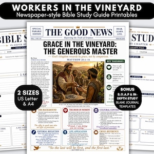 May include: A set of printable Bible study guides designed like a newspaper, titled The Good News, featuring the headline Grace in the Vineyard: The Generous Master. The pages include sections for scripture, observation, prayer, and key takeaways.