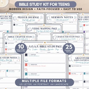 Kit per lo studio biblico degli adolescenti, strumenti per lo studio biblico per principianti, inserti stampabili per lo studio biblico, diario di preghiera e pagine per lo studio delle Scritture.