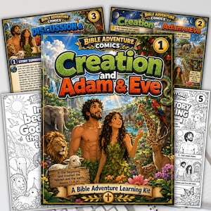 Creation and Adam & Eve, Comic Book Coloring Pages, Kids Bible Study Kit, Christian Homeschoolers Printable