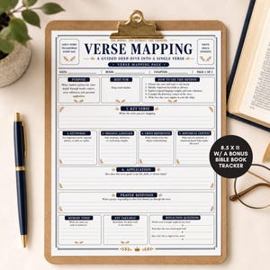 May include: A white 8.5 x 11 inch verse mapping worksheet on a brown clipboard. The page features dark blue and gold text with sections for purpose, key verse, keywords, original language, cross references, historical context, and prayer response.