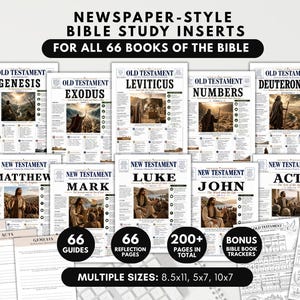 Bijbelstudiegidsen voor alle 66 boeken, Bijbelstudie-inzetstukken, christelijke devotionals in krantenstijl, printbare Bijbelsamenvattingen
