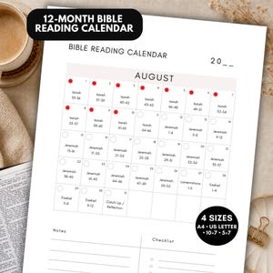 May include: A 12-month Bible reading calendar for August with a grid layout. The page features daily scripture references from Isaiah, Jeremiah, Lamentations, and Ezekiel, with checkboxes, a notes section, and a checklist. Text includes 12-MONTH BIBLE READING CALENDAR, 4 SIZES A4 US LETTER 10x7 5x7, and 20__.