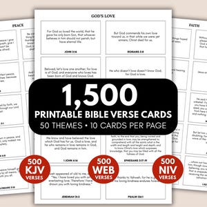 May include: A collection of printable Bible verse cards featuring black text on white paper. The central overlay displays the text 1,500 PRINTABLE BIBLE VERSE CARDS, 50 THEMES, 10 CARDS PER PAGE, with three red circles labeled 500 KJV, 500 WEB, and 500 NIV VERSES.