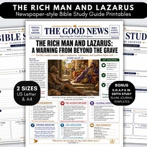 Rich Man and Lazarus Bible Study Inserts Printable,  Newspaper Style SOAP Worksheets, Jesus Parable Christian Devotions