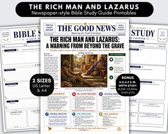 Rich Man and Lazarus Bible Study Inserts Printable,  Newspaper Style SOAP Worksheets, Jesus Parable Christian Devotions