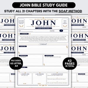Peut inclure: Un guide d'étude biblique sur Jean comprenant 42 pages pour étudier 21 chapitres avec la méthode SOAP. Le document inclut des sections pour l'aperçu, l'écriture, l'observation, l'application, la prière, le verset et les points clés au format A4.