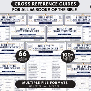 Può includere: Una raccolta di guide di riferimento incrociato per lo studio della Bibbia con pagine bianche, testo nero e accenti blu. I documenti includono tabelle con colonne per passaggi chiave, riferimenti incrociati e collegamenti biblici per i libri.