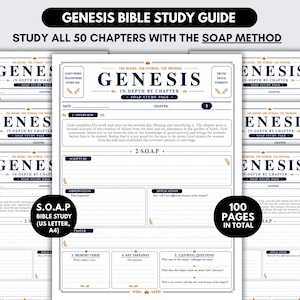 Könnte beinhalten: Ein Genesis-Bibelstudienführer mit insgesamt 100 Seiten in den Formaten US Letter und A4. Das Dokument verwendet die SOAP-Methode mit Abschnitten für Schriftstellen, Beobachtung, Anwendung, Gebet, Merkverse und wichtige Erkenntnisse für alle 50 Kapitel.