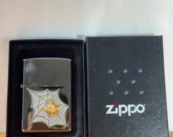 Vintage Zippo Lighter, Spider & Web Emblem, Black Ice Finish (NOS)