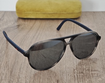 GUCCI GG 0423/S Aviator Sunglasses Made in Italy - Grey Tortoise Mirror x Blue Rubber