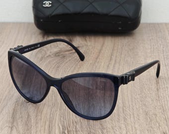 CHANEL 5281-Q Women's Blue Cat Eye Sunglasses - Leather Bow CoCo Mark - RARE