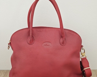 Vintage Longchamp Bolide Red Leather Shoulder Bag Made in France