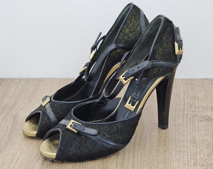 Fendi Pony Hair Peep Toe Heels – Black Gold Metal Detail Pumps